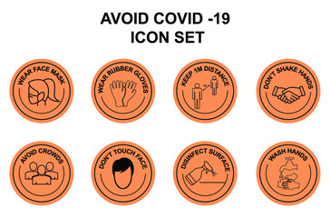 Wall Mural - avoid covid 19 icon set wear face mask, wear rubber gloves, keep 1m distance, don't shake hands, avoid crowds, don't touch face icon, disinfect surface, wash hands all in vector 