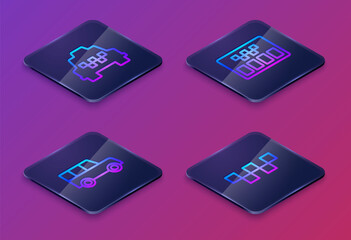 Sticker - Set Isometric line Taxi car, Car, Taximeter and roof. Blue square button. Vector