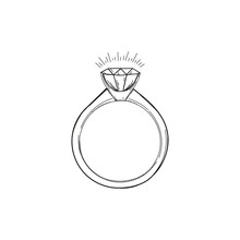 Wedding Ring Vector Draw With Diamond In Doodle Style Isolated On White Background. Hand Drawn Sketch Of Engagement Jewelry With Diamond Illustration For Wedding Invitation, Postcard, Wedding Party.