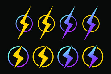 Poster - Set of thunder icon, logo or pictogram in neon gradient style. Thunderbolt or energy charge. Vector illustration isolated on black background. EPS10