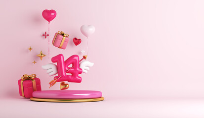 Wall Mural - Happy Valentines day display podium background with 14 number wing, gift box, arrow, heart shape balloon, copy space text, 3D rendering illustration