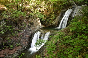 two steps waterfall in summer