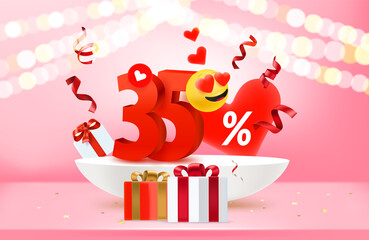 Wall Mural - Thirty five percent discount. Valentines day sale banner. 3d vector illustration