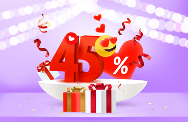 Aufkleber - Forty five percent discount. Valentines day sale banner. 3d vector illustration