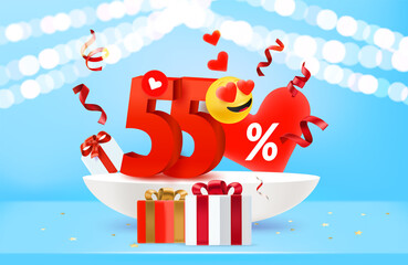 Aufkleber - Fifty five percent discount. Valentines day sale banner. 3d vector illustration