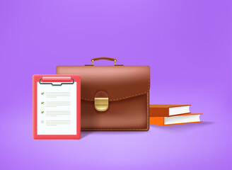Poster - Briefcase with contract and books. 3d vector illustration