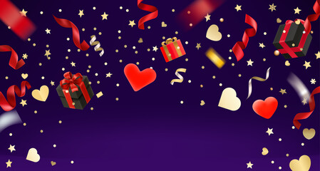 Poster - Confetti and ribbons, gift boxes and hearts. Happy Valentanes day card with copy space
