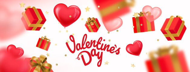 Aufkleber - Gift boxes and hearts falling down. Happy Valentines day card mockup