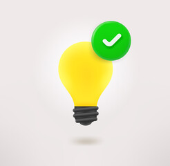 Poster - Glowing lightbulb icon with checkmark. 3d vector icon