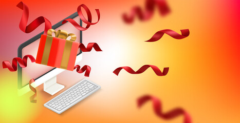 Poster - Happy holiday concept with gift box and ribbons. Vector concept