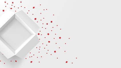 Poster - Opened white gift box with red confetti on white table. 3d banner with copy space
