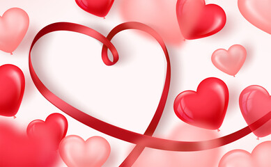 Poster - Valentines Day banner with red ribbon frame. 3d vector