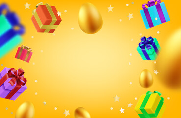 Poster - Gift boxes and eggs in the air. 3d vector frame with copy space