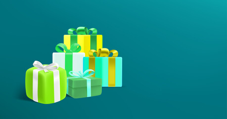 Poster - Gift boxes with color bows vector set. 3d banner with copy space