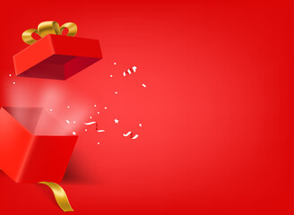 Poster - Opened red gift box red banner with copy space