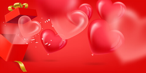 Aufkleber - Opened red gift box with red and pink hearts. 3d vector banner with copy space