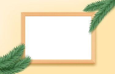 Aufkleber - Empty wood frame on the table with pine branches. 3d landscape orintation vector mockup for design