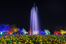 Beautiful Light And Fountain At Night, There Are Beautiful Star In The Sky. Chaloem Phrakiat Park, Thung Bua Tong, Mexican Sunflower Field, Mae Moh, Lampang, Thailand.