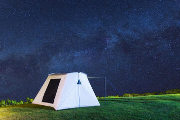 Wall Mural - beautiful tent camping at night. there are beautiful milky way galaxy stars in the sky. chaloem phra
