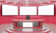 © เอกชัย โททับไทย - red table on stand with led screen background in a news studio room.3d rendering.