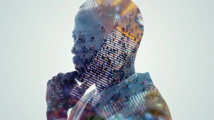 Poster - Human and society concept. Double exposure.