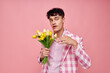 © Tatiana - in a pink plaid jacket a bouquet of flowers romance