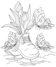 Old Boot Surrounding By Butterflies In The Garden With Tulip Flowers