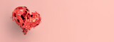 red heart is a symbol of love made of sequins and confetti on a pink background, minimalism panoramic concept copyspace