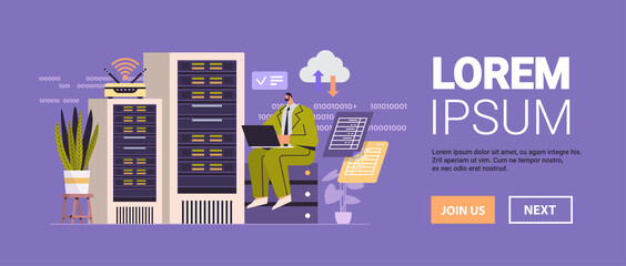 Fototapete - businessman working in data center room hosting server computer monitoring information database concept