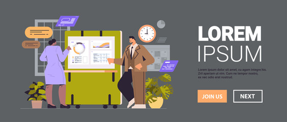 Poster - businesspeople couple analyzing statistics graphs on digital screen business data analysis monitorin