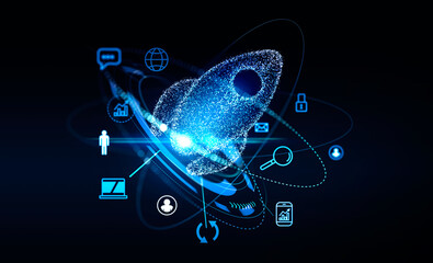 Poster - Blue hologram of startup rocket hologram and business icons