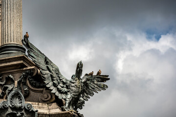 Wall Mural - a live bird poses on a bronze bird of a monument in the center of Quito 