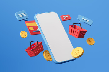 Poster - Phone with floating icons, online market place and payment. Mock up screen
