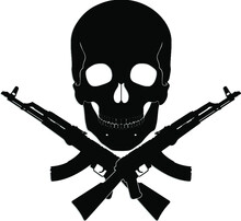 Skull With Crossed AK47guns/ Black White Vector Illustration