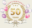 Celebrating 50 years anniversary, happy birthday card with golden numbers and wreath, ribbon on the background of balloons