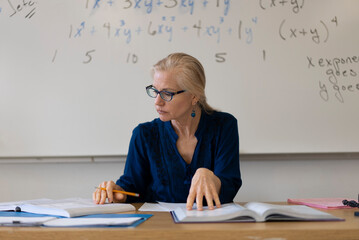 Portrait of high school math teacher sitting at desk working on assignments for students.