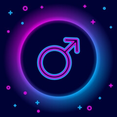 Poster - Glowing neon line Male gender symbol icon isolated on black background. Colorful outline concept. Vector