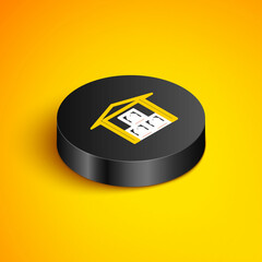 Sticker - Isometric line Warehouse icon isolated on yellow background. Black circle button. Vector