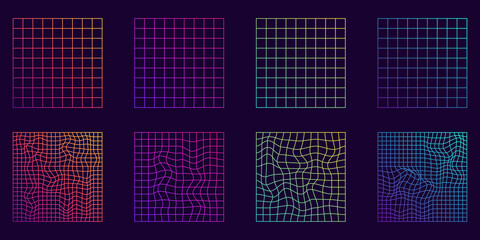 Distorted Grid Square Neon Pattern. Warp Futuristic Geometric Square Glitch. Abstract Modern Design. Wave Ripple Perspective Square. Isolated Vector Illustration