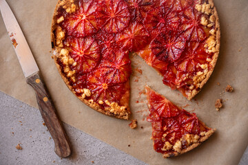 Sweet fruit cake, delicious baked dessert with blood oranges