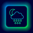 Glowing neon line Cloud with rain and moon icon isolated on black background. Rain cloud precipitation with rain drops. Colorful outline concept. Vector