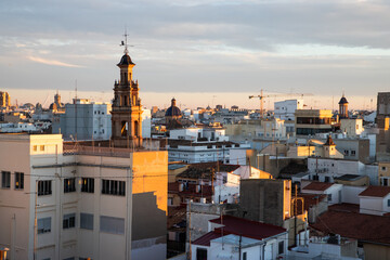 VALENCIA , SPAIN - DECEMBER 6, 2021: aerial cityscape view from Serranos towers on the old town of Valencia city in Spain