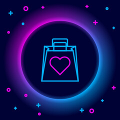 Poster - Glowing neon line Shopping bag with heart icon isolated on black background. Shopping bag shop love like heart icon. Valentines day symbol. Colorful outline concept. Vector