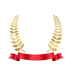 Wall Mural - gold laurel wreath with red ribbon, golden award with olive branch for winner