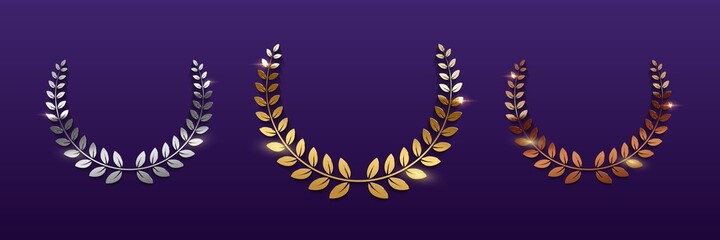 Wall Mural - golden, silver and bronze award signs with laurel wreath isolated on blue background. vector award d