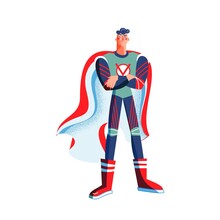 Male Superhero In Costume With Arms Crossed. Man With Cape Vector Illustration. Cartoon Comic Boy With Powers Posing Isolated On White Background. Brave Smiling Guy Standing