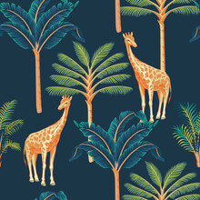 Tropical Palm Tree, Banana Tree, Giraffe Animal Seamless Pattern Dark Background. Exotic Jungle Floral Wallpaper.