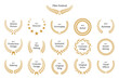 Gold laurel wreath with black Film Awards design elements. Premium insignia, traditional victory symbol on white background. Triumph, win poster, banner layout. Frame, border template.