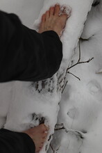Step Right. Bare Foot In The Snow. Go Barefoot On A Snowy Log.