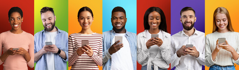 Poster - Online Communication. Diverse Young People Messaging On Mobile Phones Over Colorful Backgrounds